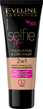 Beżowy podkład Eveline Selfie Time 2w1 Foundation & Concealer w tubce, odcień 02 Ivory, z kwasem hialuronowym.