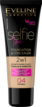 Eveline Cosmetics Selfie Time 2w1 podkład i korektor, nawilżający, anti-pollution, tuba czarno-beżowa, 04 Natural.