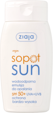 Biała butelka wodoodpornej emulsji do opalania Ziaja Sopot Sun SPF 50+ UVA+UVB, widok z przodu.