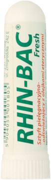 Biały sztyft do nosa RHIN-BAC Fresh z zielonym napisem i opisem: "pielęgnacyjny z olejkami eterycznymi".