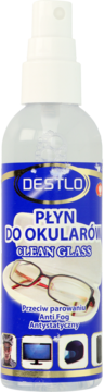 Przezroczysta butelka płynu Destlo Clean Glass do okularów, anti fog, antystatyczny, widok z przodu.