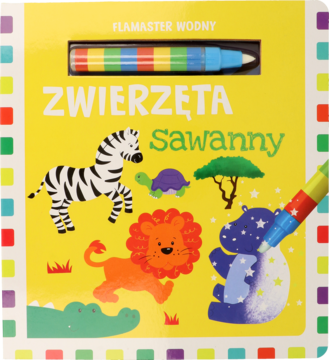 Żółta książka wodna "ZWIERZĘTA Sawanny" z flamastrem. Rysunki zebry, lwa, hipopotama; ręka maluje wodą.