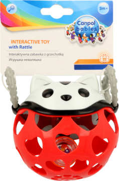 Interaktywna zabawka-grzechotka Canpol babies z białym kotkiem, czerwona kula z uchwytami, widok z przodu.