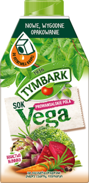 Tymbark Sok Vega Prowansalskie Pola w nowym kartonie. Grafika warzyw: brokuł, burak, marchew, karczoch i zieleń.