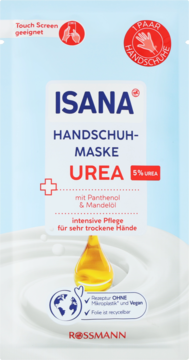 Front opakowania Isana Maska do rąk Urea 5% w formie rękawiczek, biało-niebieskie z kroplą oleju, intensywna pielęgnacja.
