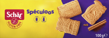 Opakowanie bezglutenowych ciastek Schär Spéculoos w kolorach żółtym i fioletowym, z herbatnikami i cynamonem.