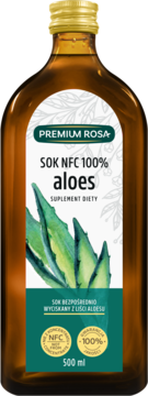 Brązowa szklana butelka soku Premium Rosa NFC 100% aloes 500ml, zielono-biała etykieta z liśćmi aloesu, widok z przodu.