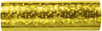 Złota, holograficzna serpentyna o długości 3,8 m, widok z bliska na błyszczący materiał z drobinkami brokatu.