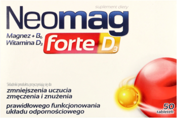 Neomag Forte D3, białe opakowanie suplementu magnez + B6 i witamina D3, zmniejsza zmęczenie, widok z przodu.