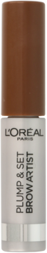 L'Oréal Paris Plump & Set Brow Artist, tusz do brwi z brązową zakrętką i szarym korpusem, widok z przodu.