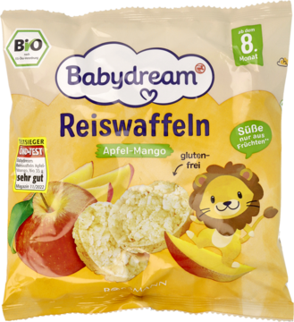 Frontowe ujęcie żółtej torebczki Babydream Reiswaffeln BIO Jabłko-Mango dla dzieci od 8. miesiąca.