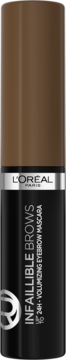 L'Oréal Infaillible Brows Volumizing Eyebrow Mascara w czarnej tubce z brązową nakrętką, widok z przodu.