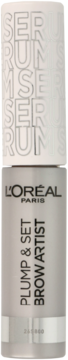 L'Oréal Paris Plump & Set Brow Artist, transparentny tusz do brwi w srebrnej tubce, widok z przodu.