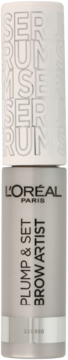 L'Oréal Paris Plump & Set Brow Artist, transparentny tusz do brwi w srebrnej tubce, widok z przodu.