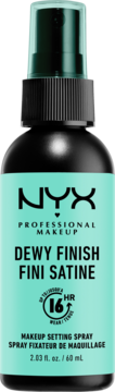 Czarna butelka NYX Professional Makeup Dewy Finish Spray Utrwalający Makijaż, miętowa etykieta, widok z przodu.