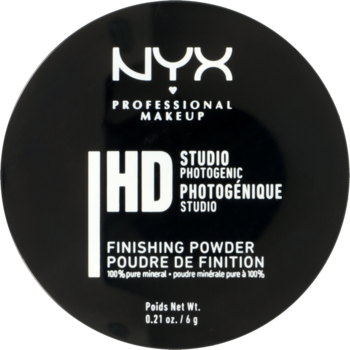 NYX HD Studio Finishing Powder w czarnym, okrągłym kompakcie, widok z góry z białymi napisami.