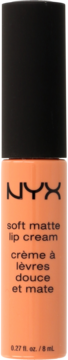 Brzoskwiniowa matowa szminka w płynie NYX Soft Matte Lip Cream, czarna nakrętka, widok z przodu.