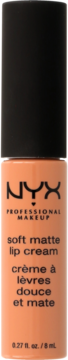 NYX Soft Matte Lip Cream, brzoskwiniowa pomadka w płynie z matowym wykończeniem, butelka z czarną nakrętką, widok z przodu.