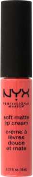 NYX Soft Matte Lip Cream w brzoskwiniowym odcieniu, widok z przodu, czarna nakrętka, matowe wykończenie.