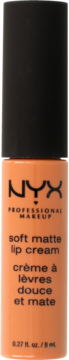 Pomarańczowa matowa pomadka w płynie NYX Soft Matte Lip Cream w buteleczce, widok z przodu.