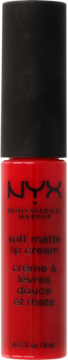 Czerwona, matowa szminka w płynie NYX Soft Matte Lip Cream w butelce z czarną zakrętką, widok z przodu.