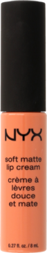 NYX Soft Matte Lip Cream w brzoskwiniowym odcieniu, pionowa butelka z czarną nakrętką, widok z przodu.
