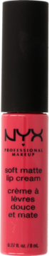 NYX Soft Matte Lip Cream w tubce, koralowo-różowa matowa szminka w płynie, widok z przodu, czarna zakrętka.
