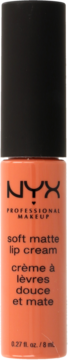 NYX Soft Matte Lip Cream, płynna pomadka w pomarańczowym odcieniu, z czarną nakrętką, widok z przodu na białym tle.
