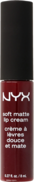 NYX Soft Matte Lip Cream w ciemnej czerwieni, matowy płynny szminka w butelce z czarną nakrętką, widok z przodu.