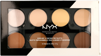 NYX Highlight & Contour Pro Palette, czarno-biała, widok z góry. Widoczne 8 wymiennych pudrów: jasnych rozświetlaczy i ciemnych brązerów.
