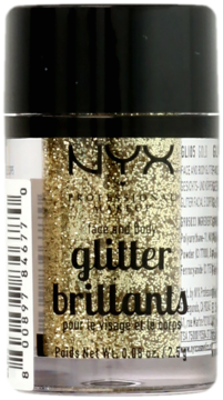 NYX Professional Makeup złoty sypki brokat do twarzy i ciała w przezroczystym słoiczku, widok z przodu.