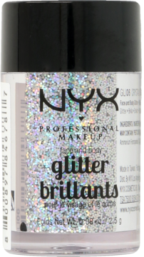 Srebrny brokat NYX Professional Makeup Face & Body Glitter w przezroczystym słoiczku z czarną zakrętką, widok z przodu.