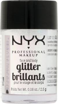 NYX Professional Makeup brokat do twarzy i ciała w kolorze białego lodu, w przezroczystym słoiczku, widok z przodu.