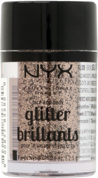 NYX Face & Body Glitter w słoiczku, różowo-złoty błyszczący brokat do twarzy i ciała, widok z przodu.