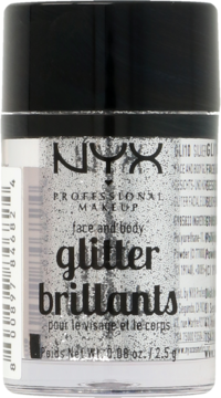 NYX Face and Body Glitter w przezroczystym słoiku z srebrnym brokatem i czarną nakrętką, widok z przodu.
