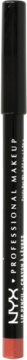Czarna kredka do ust NYX Professional Makeup, cylindryczna, widok pionowy z czerwoną końcówką.
