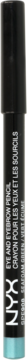 NYX Eye and Eyebrow Pencil, Sea Foam Green shade, black cylindrical casing with a light blue tip, upright.