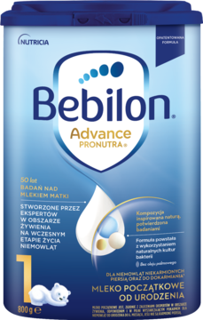 Bebilon Advance Pronutra 1, mleko początkowe od urodzenia, 800g, niebiesko-białe opakowanie, widok z przodu.