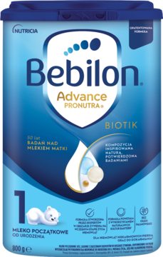 Bebilon 1 Advance Pronutra Biotik, mleko początkowe od urodzenia, 800g, niebiesko-biała puszka, widok z przodu.