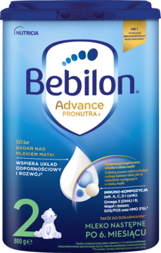 Niebieskie opakowanie Bebilon Advance Pronutra 2, mleko następne po 6. miesiącu, 800 g, z przodu, z misiem.