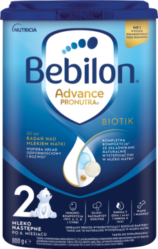 Puszka Bebilon 2 Advance Pronutra mleko następne 800g, z przodu biały miś polarny i niebieskie tło.