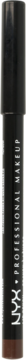 NYX Professional Makeup Slim Lip Pencil, odcień ciemny brąz, pionowo, widoczna etykieta na rozmytym tle.
