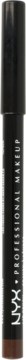 NYX Professional Makeup Slim Lip Pencil, odcień ciemny brąz, pionowo, widoczna etykieta na rozmytym tle.