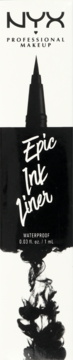 NYX Epic Ink Liner, czarny wodoodporny eyeliner, widok pionowy, na białym tle z atramentowym wzorem.