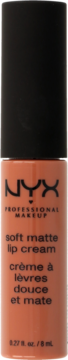 NYX Professional Makeup Soft Matte Lip Cream, pomarańczowa butelka z czarną nakrętką, widok z przodu.
