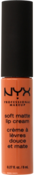 NYX Professional Makeup Soft Matte Lip Cream w pomarańczowej butelce z czarną nakrętką, widok z przodu.