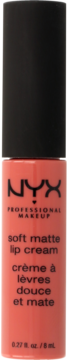 NYX Professional Makeup Soft Matte Lip Cream w brzoskwiniowym odcieniu, widok z przodu, czarna nakrętka.