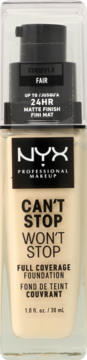 NYX Can't Stop Won't Stop Full Coverage Foundation, Fair, jasny podkład matujący w szklanej butelce z pompką, z przodu.