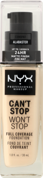 NYX Can't Stop Won't Stop Full Coverage Foundation w odcieniu Alabaster, jasna butelka z pompką, widok z przodu.