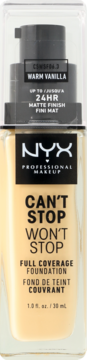 Matowy podkład NYX Can't Stop Won't Stop Warm Vanilla w szklanej butelce z czarną pompką, widok z przodu.